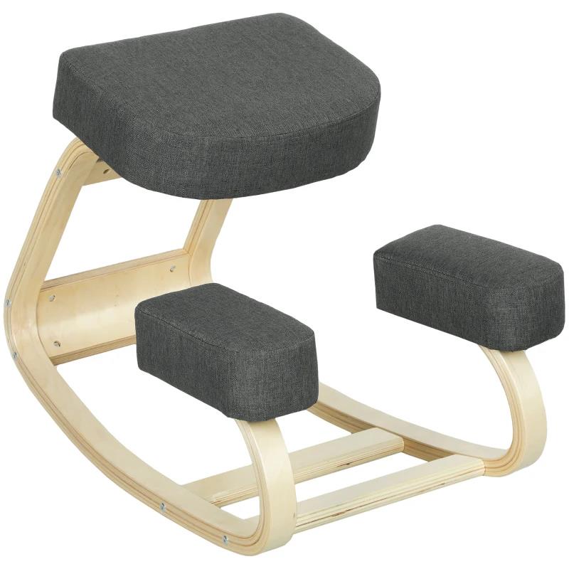 SEDIA ERGONOMICA CON INGINOCCHIATOIO IN LEGNO DI BETULLA E CUSCINO, 51X69X58 CM, GRIGIO