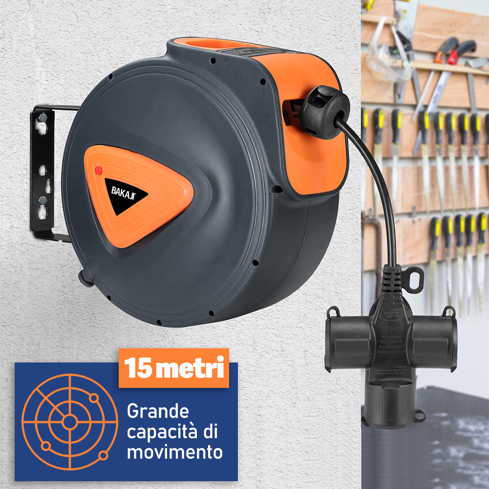 Avvolgicavo Elettrico 15 Metri Rotante a 180° con Multipresa a 3 Teste e Guanti
