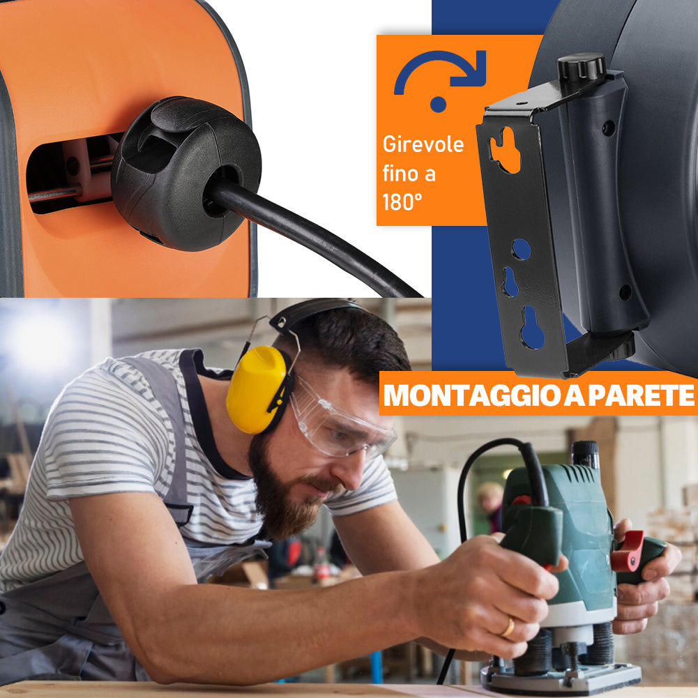 Avvolgicavo Elettrico 15 Metri Rotante a 180° con Multipresa a 3 Teste e Guanti