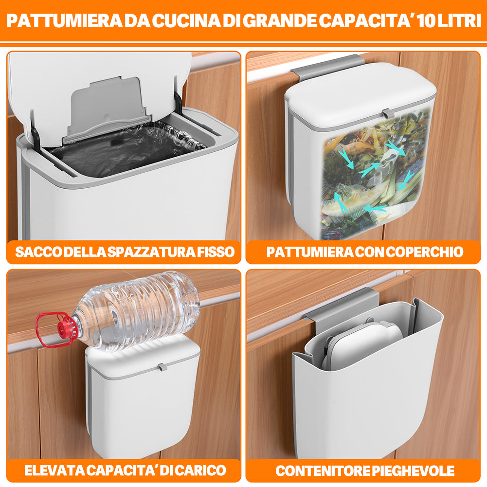 Pattumiera Cucina 10L da Appendere Salvaspazio con Coperchio a Doppia Apertura