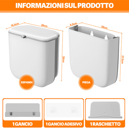 Pattumiera Cucina 10L da Appendere Salvaspazio con Coperchio a Doppia Apertura