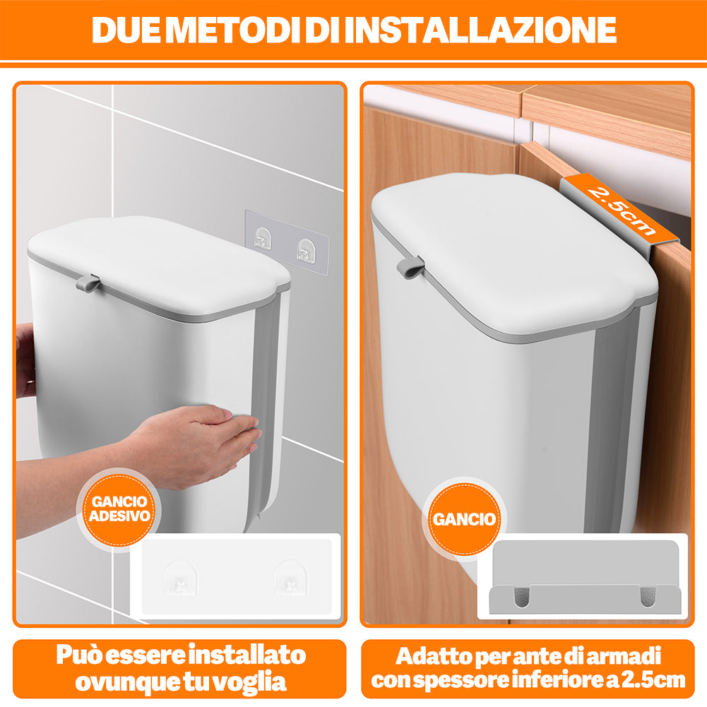 Pattumiera Cucina 10L da Appendere Salvaspazio con Coperchio a Doppia Apertura