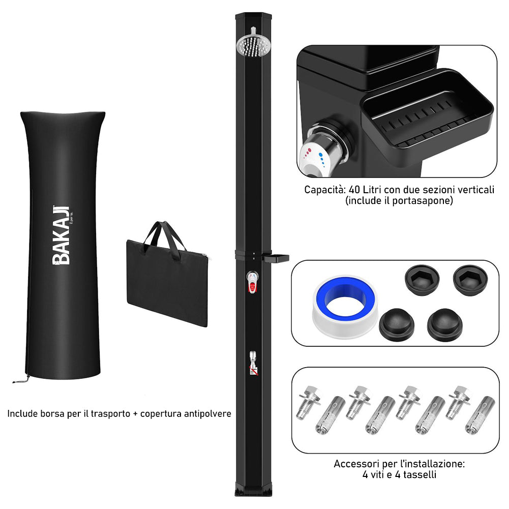 Doccia Solare da Giardino Esagonale 40L con Portasapone Custodia e Borsa 228cm
