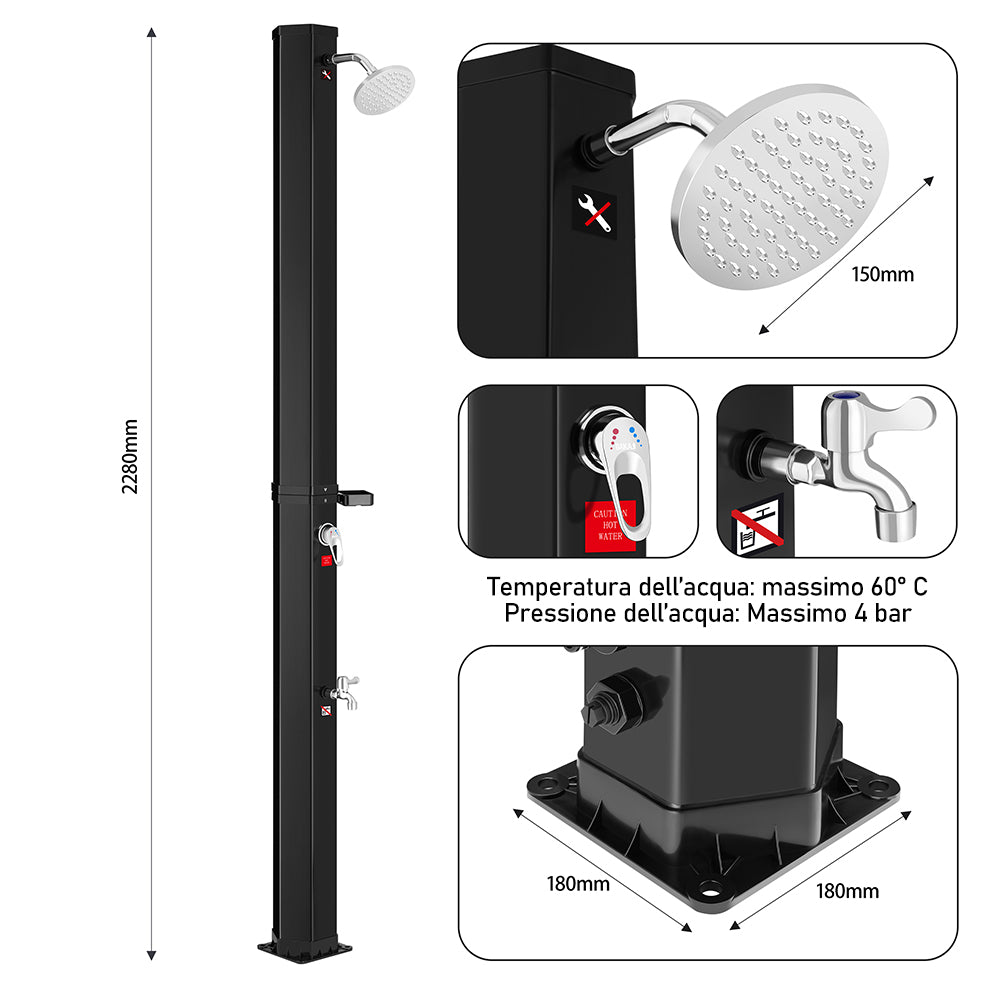 Doccia Solare da Giardino Esagonale 40L con Portasapone Custodia e Borsa 228cm