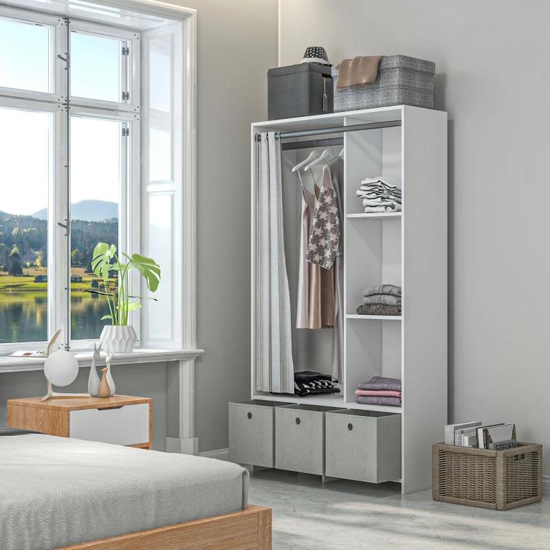 ARMADIO GUARDAROBA CON BARRA APPENDIABITI, 3 CASSETTI IN TESSUTO E 3 RIPIANI, 105X48X160 CM, BIANCO E GRIGIO