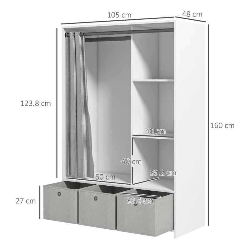 ARMADIO GUARDAROBA CON BARRA APPENDIABITI, 3 CASSETTI IN TESSUTO E 3 RIPIANI, 105X48X160 CM, BIANCO E GRIGIO