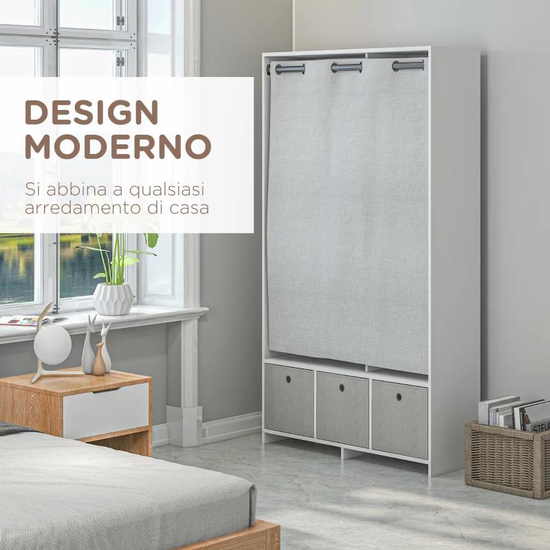 ARMADIO GUARDAROBA CON BARRA APPENDIABITI, 3 CASSETTI IN TESSUTO E 3 RIPIANI, 105X48X160 CM, BIANCO E GRIGIO