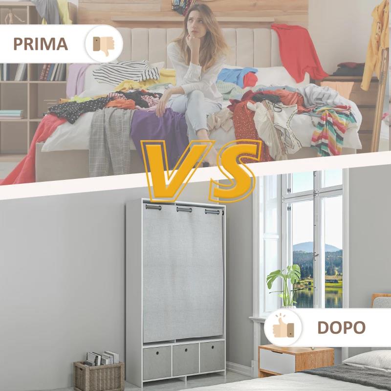 ARMADIO GUARDAROBA CON BARRA APPENDIABITI, 3 CASSETTI IN TESSUTO E 3 RIPIANI, 105X48X160 CM, BIANCO E GRIGIO