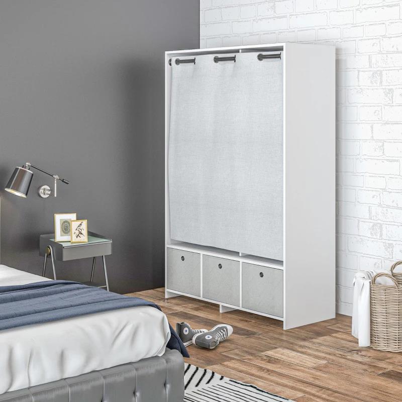 ARMADIO GUARDAROBA CON BARRA APPENDIABITI, 3 CASSETTI IN TESSUTO E 3 RIPIANI, 105X48X160 CM, BIANCO E GRIGIO