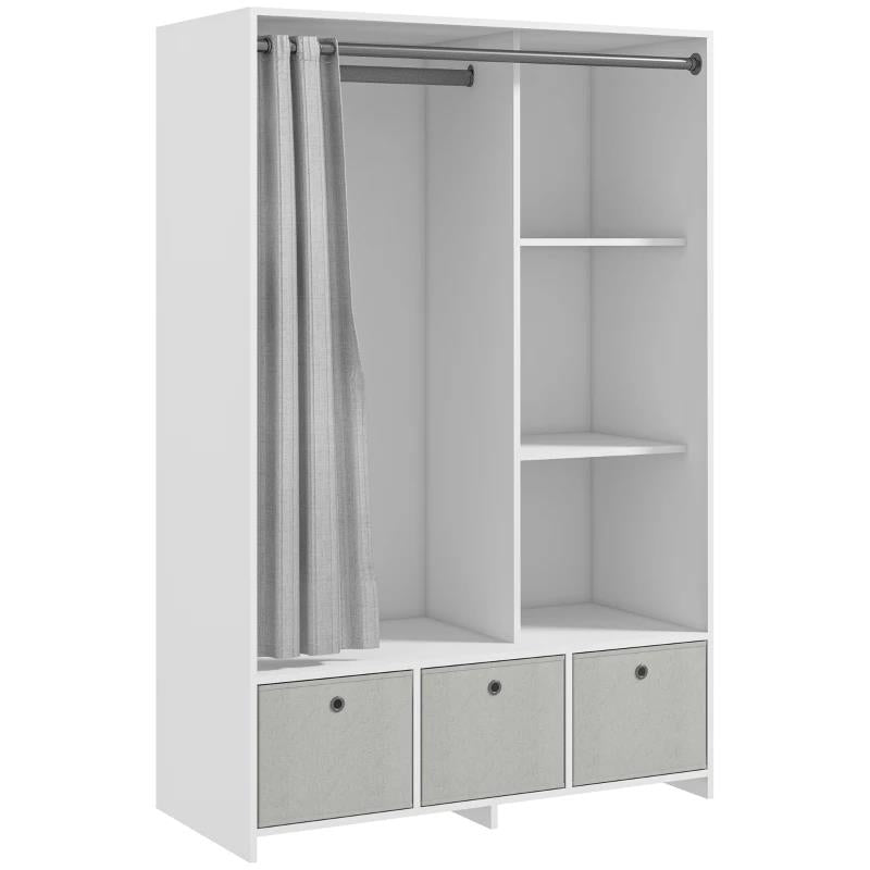 ARMADIO GUARDAROBA CON BARRA APPENDIABITI, 3 CASSETTI IN TESSUTO E 3 RIPIANI, 105X48X160 CM, BIANCO E GRIGIO