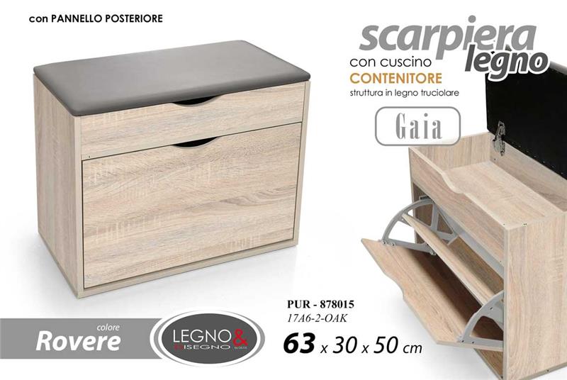 SCARPIERA IN LEGNO MDF CON CUSCINO CONTENITORE ROVERE 63 X 30 X 50 CM