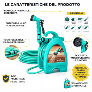 Tubo da Giardino 10mt con Supporto a Muro Accessori e Doccetta 8 Funzioni