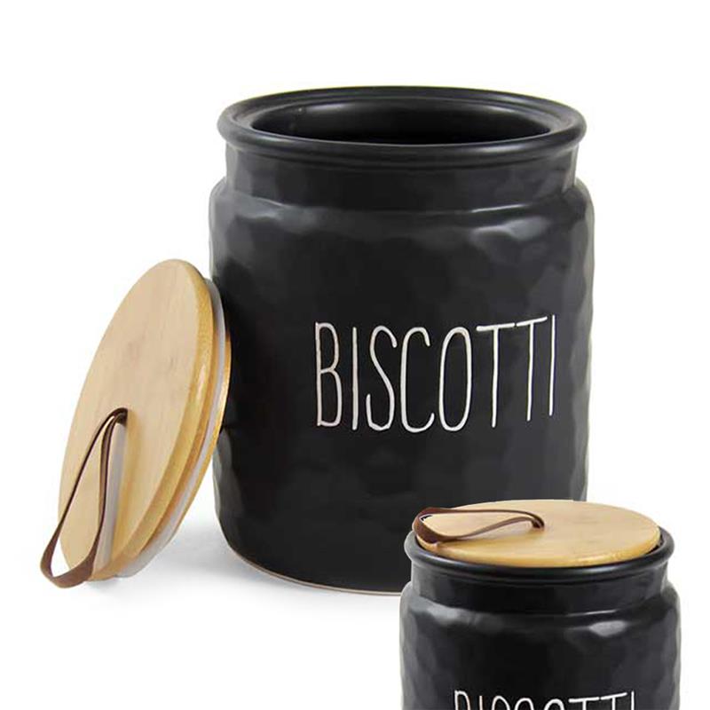 PORTA BISCOTTI MODELLO ONDULATO NERO CON TAPPO IN LEGNO 15 X 18 CM