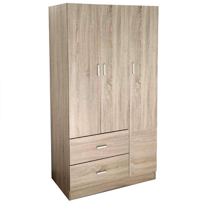 ARMADIO IN LEGNO CON 3 ANTE E CASSETTI, RIPIANI, APPENDIABITI, ROVERE 120 X 52 X 190 CM