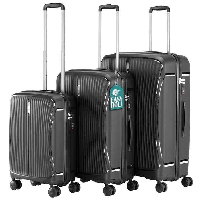 Set 3 Valigie in ABS Rigide Nero 90-59-38L Ruote Easy Roll e Manico Telescopico
