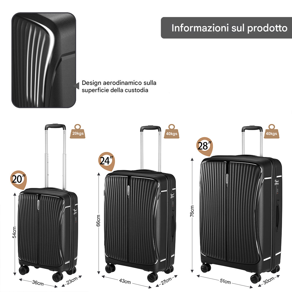 Set 3 Valigie in ABS Rigide Nero 90-59-38L Ruote Easy Roll e Manico Telescopico