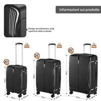 Set 3 Valigie in ABS Rigide Nero 90-59-38L Ruote Easy Roll e Manico Telescopico