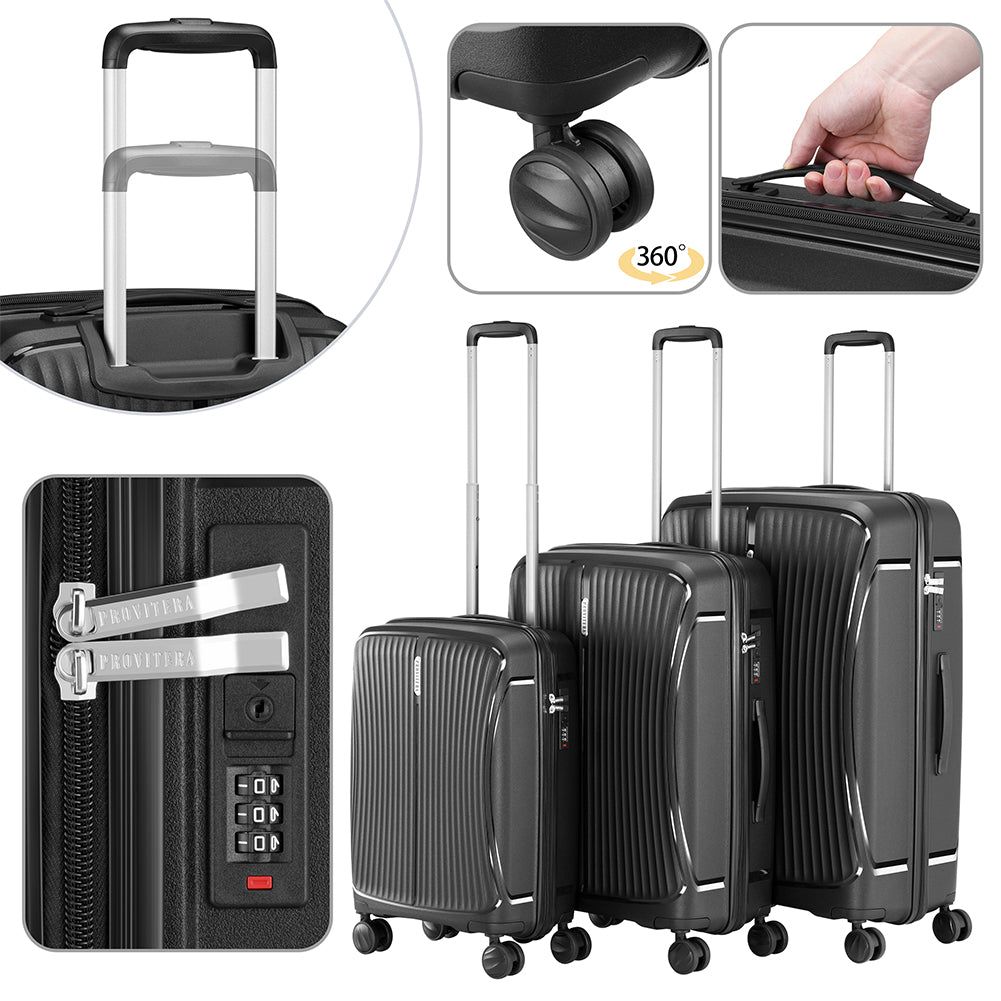 Set 3 Valigie in ABS Rigide Nero 90-59-38L Ruote Easy Roll e Manico Telescopico