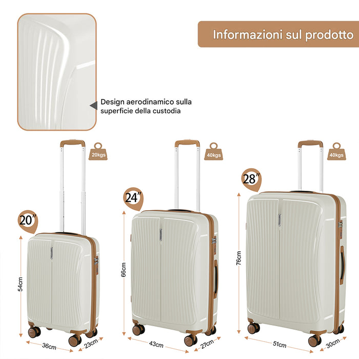 Set 3 Valigie in ABS Rigide Bianco 90-59-38L Ruote Easy Roll Manico Telescopico