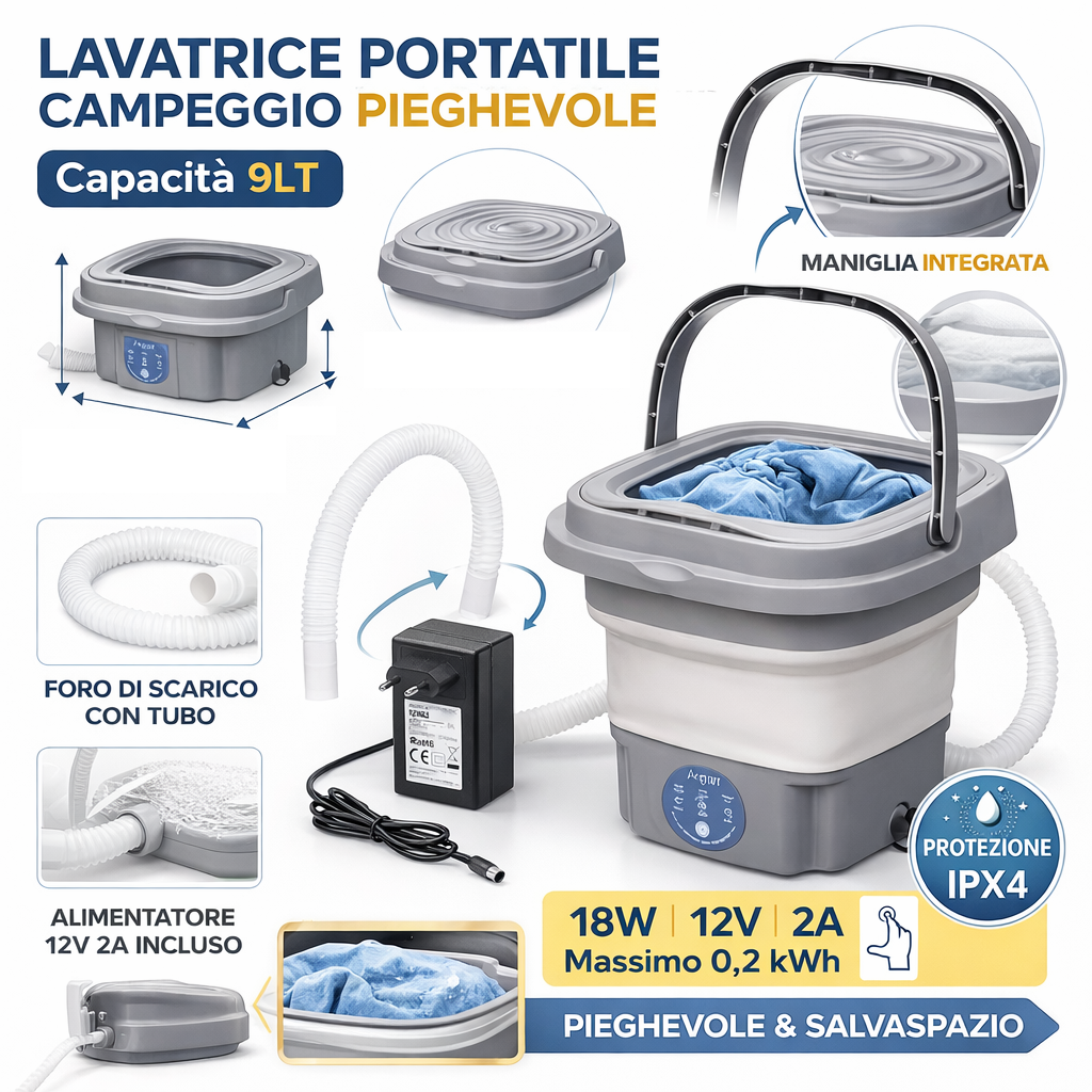 Lavatrice Portatile Campeggio Pieghevole 9LT 18W 12v Salvaspazio Facile da usare
