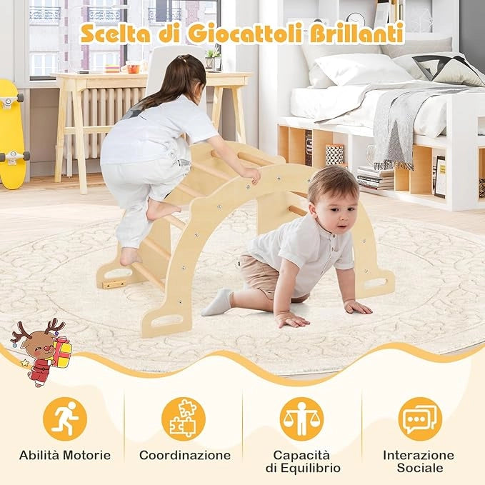 8 in 1 Arco da Arrampicata per Bambini, Altalena ad Arco in Legno con Contenitore Pieghevole, Palestra Montessori per Bambini 3 Anni + (90 × 50 × 48 cm)