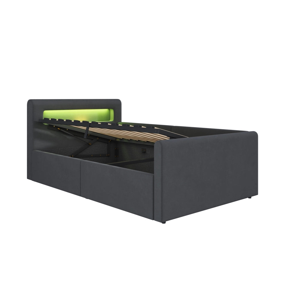 Letto imbottito 90x200 cm con LED; USB e contenitore in velluto grigio