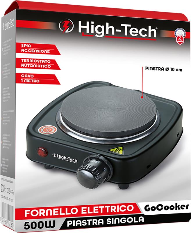 HIGH TECH FORNELLO ELETTRICO PIASTRA SINGOLA TERMOSTATO AUTOMATICO CAVO 1MT 10CM 500W