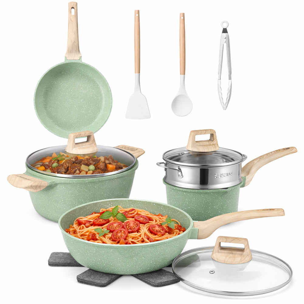 Batteria Pentole 15 Pezzi Verde in Alluminio Pressofuso con Accessori e Coperchi