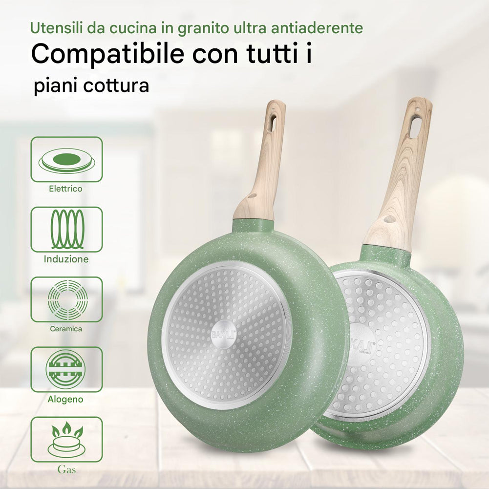 Batteria Pentole 15 Pezzi Verde in Alluminio Pressofuso con Accessori e Coperchi