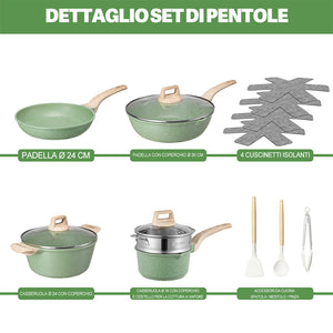 Batteria Pentole 15 Pezzi Verde in Alluminio Pressofuso con Accessori e Coperchi