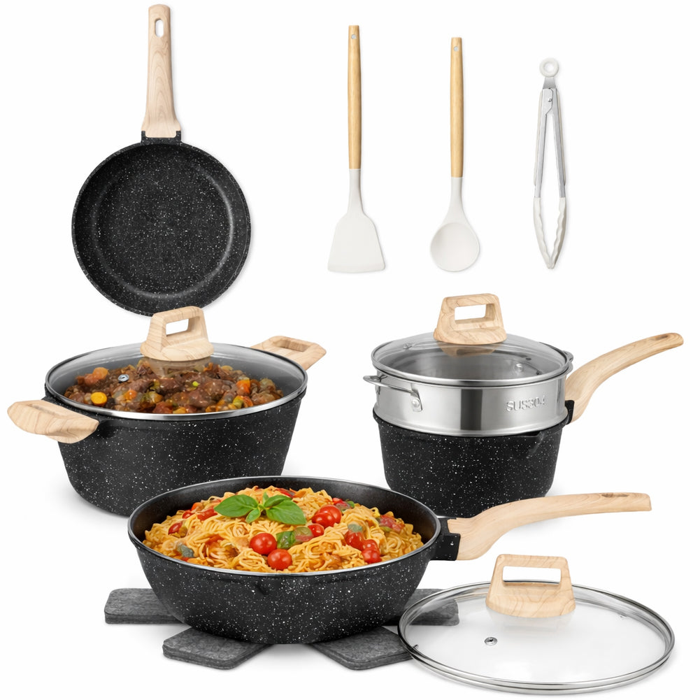 Batteria Pentole 15 Pezzi Nero in Alluminio Pressofuso con Accessori e Coperchi