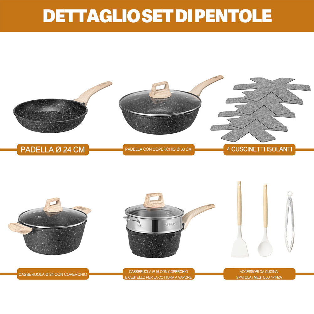 Batteria Pentole 15 Pezzi Nero in Alluminio Pressofuso con Accessori e Coperchi