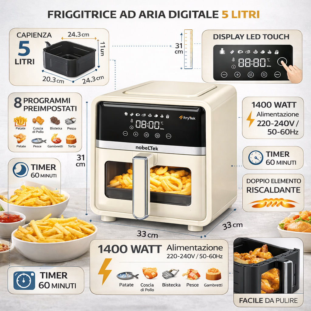 Friggitrice ad Aria 5 Litri 1400W Digitale Led 8 Programmi Senza Olio Crema
