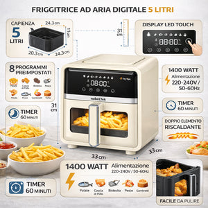 Friggitrice ad Aria 5 Litri 1400W Digitale Led 8 Programmi Senza Olio Crema