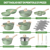 Batteria Pentole e Padelle 21 Pezzi Verde in Alluminio Pressofuso Antiaderente