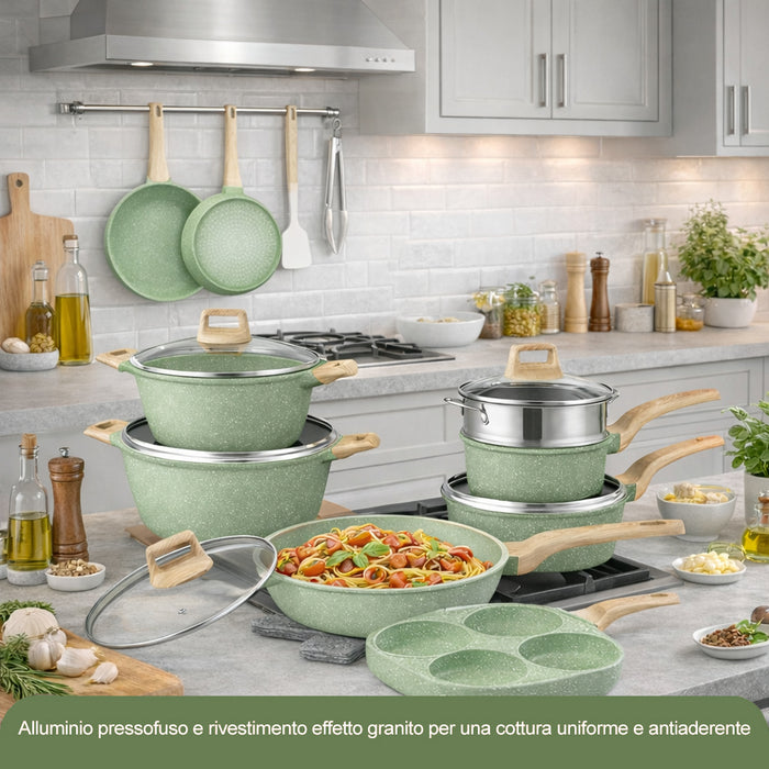 Batteria Pentole e Padelle 21 Pezzi Verde in Alluminio Pressofuso Antiaderente