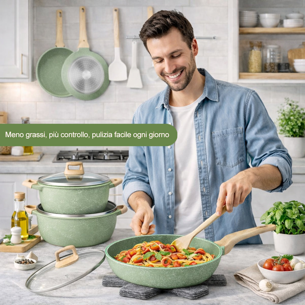 Batteria Pentole e Padelle 21 Pezzi Verde in Alluminio Pressofuso Antiaderente