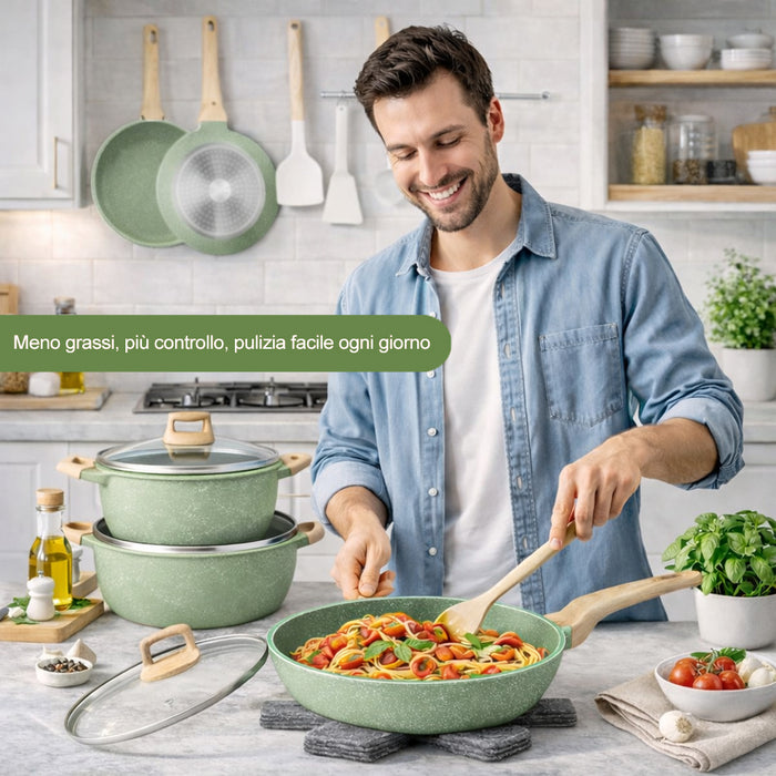 Batteria Pentole e Padelle 21 Pezzi Verde in Alluminio Pressofuso Antiaderente