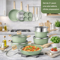 Batteria Pentole e Padelle 21 Pezzi Verde in Alluminio Pressofuso Antiaderente