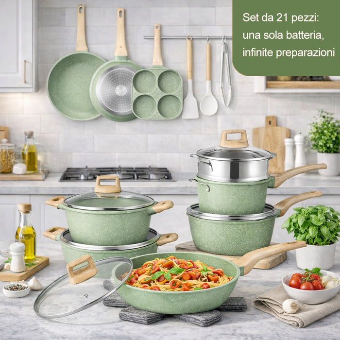 Batteria Pentole e Padelle 21 Pezzi Verde in Alluminio Pressofuso Antiaderente