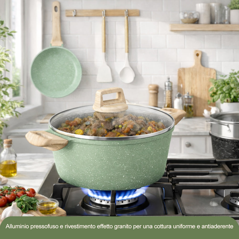 Batteria Pentole 15 Pezzi Verde in Alluminio Pressofuso con Accessori e Coperchi