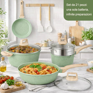 Batteria Pentole 15 Pezzi Verde in Alluminio Pressofuso con Accessori e Coperchi