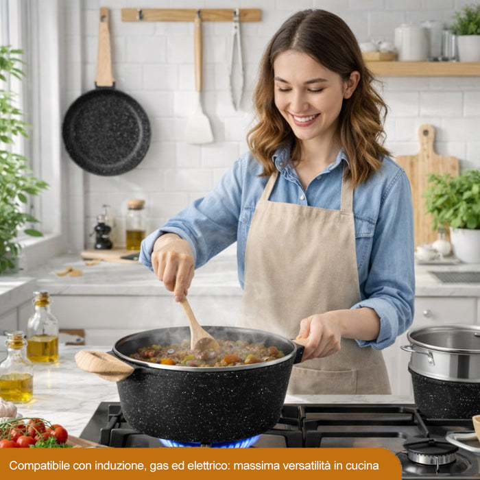 Batteria Pentole 15 Pezzi Nero in Alluminio Pressofuso con Accessori e Coperchi