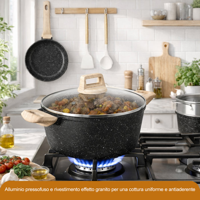 Batteria Pentole 15 Pezzi Nero in Alluminio Pressofuso con Accessori e Coperchi