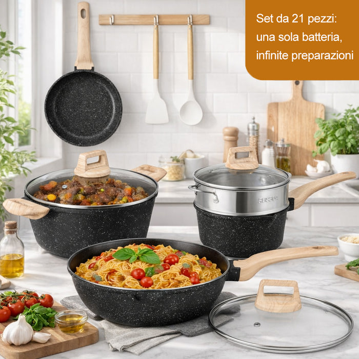 Batteria Pentole 15 Pezzi Nero in Alluminio Pressofuso con Accessori e Coperchi