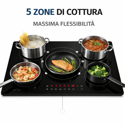 Piano Cottura Induzione 77cm 5 Fuochi Vetro Nero Touch 9 Livelli Power Boost