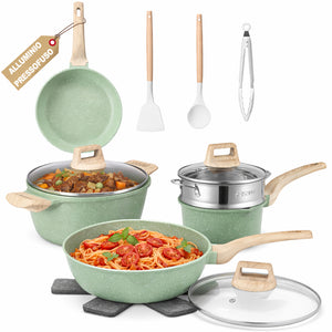 Batteria Pentole 15 Pezzi Verde in Alluminio Pressofuso con Accessori e Coperchi