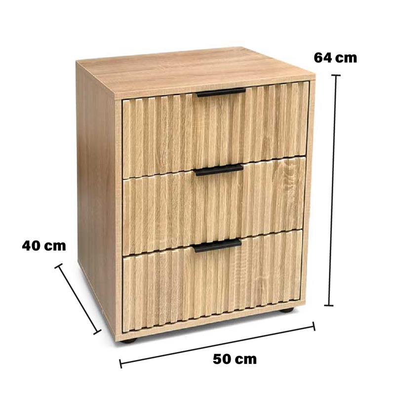 COMODINO 3 CASSETTI IN LEGNO TRUCIOLARE CON MELAMINICO, GUIDE METALLICHE ROVERE 50 X 40 X 64 CM