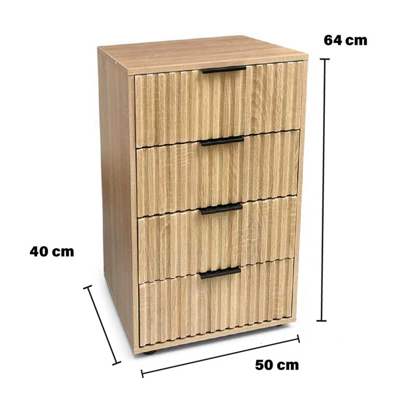 COMODINO 4 CASSETTI IN LEGNO TRUCIOLARE CON MELAMINICO, GUIDE METALLICHE ROVERE 50 X 40 X 83 CM