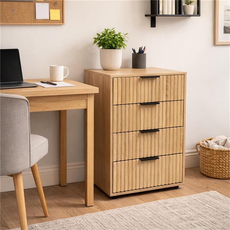 COMODINO 4 CASSETTI IN LEGNO TRUCIOLARE CON MELAMINICO, GUIDE METALLICHE ROVERE 50 X 40 X 83 CM